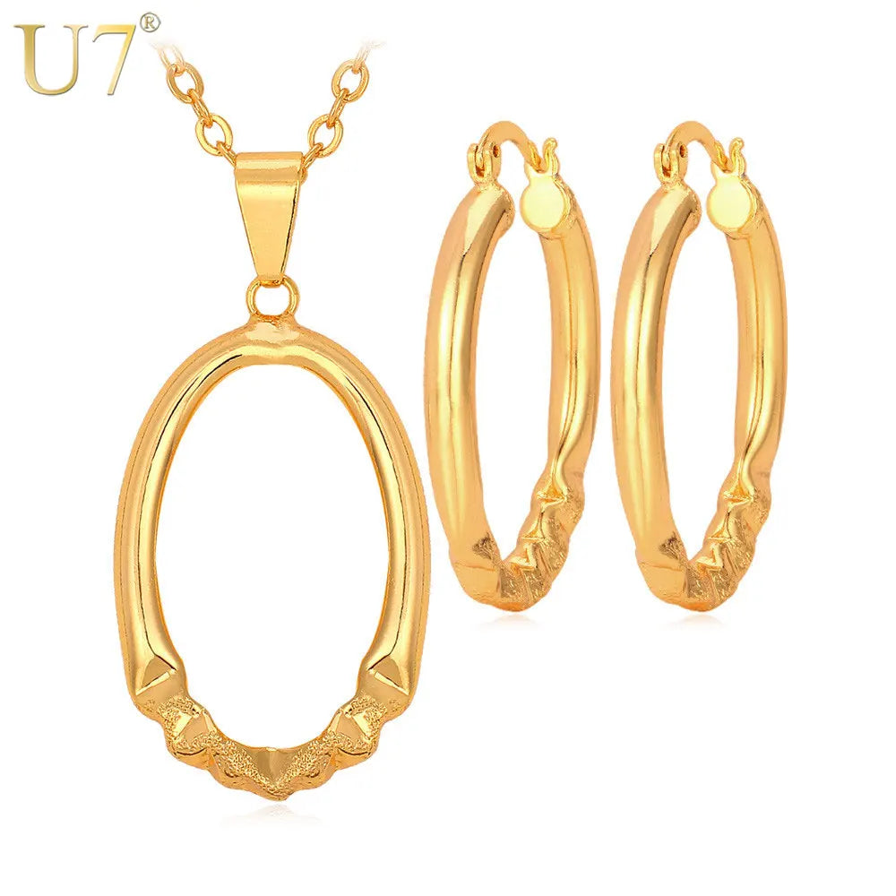 U7 38mm Hollow Oval Hoop Earring Necklace Set for Women Design Folding Pattern Oval Tube Lightweight Jewelry Set Gift for Her
