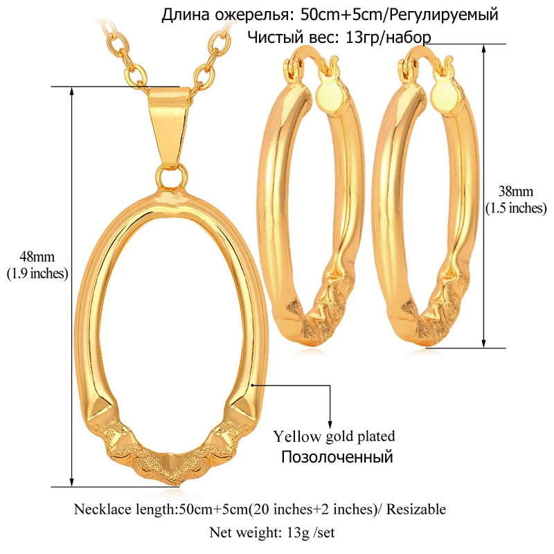 U7 38mm Hollow Oval Hoop Earring Necklace Set for Women Design Folding Pattern Oval Tube Lightweight Jewelry Set Gift for Her