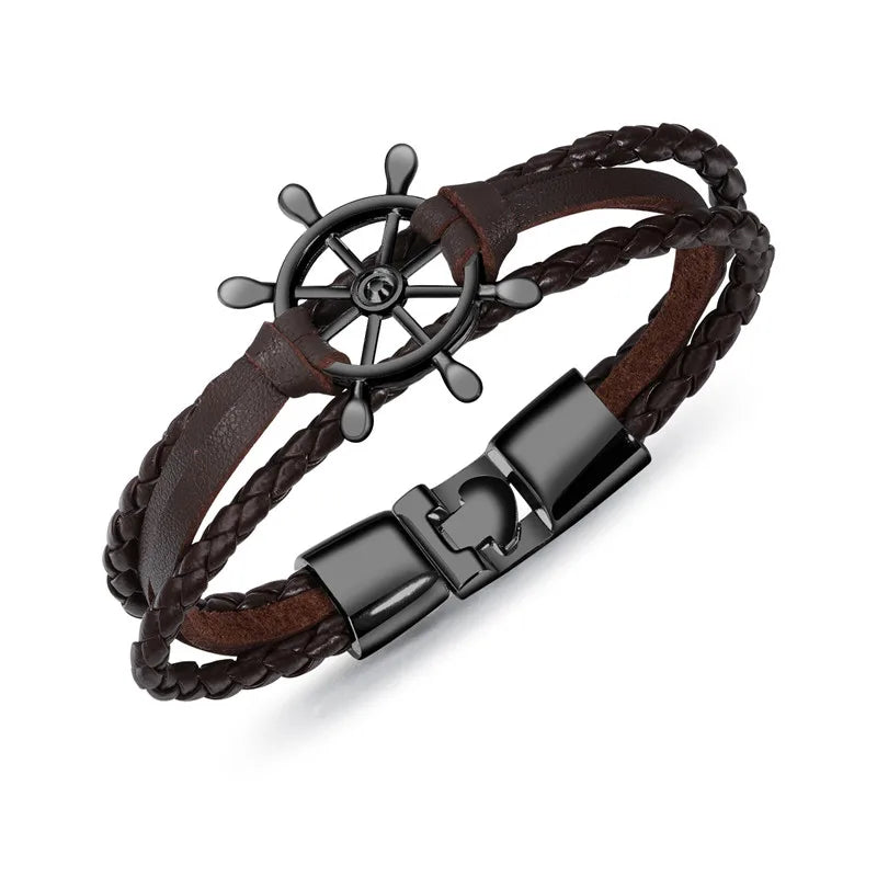 Vintage Braided Black Leather Charm Bracelets Men Couple hope Rudder Wrap Wristbands for Women femme homme Fashion Jewelry Gifts