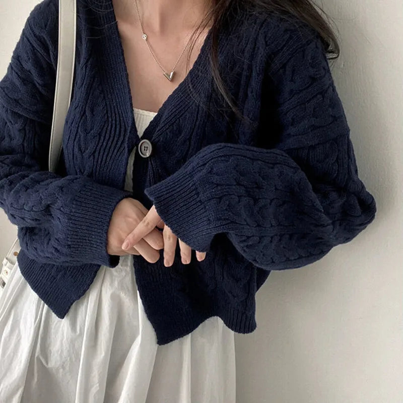 V-neck Twist Design Short Cardigan Sweater Knitted Jacket Fall Autumn and Winter Loose Retro Long Sleeve Casual Women's Clothing