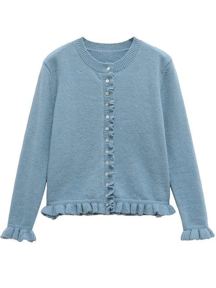 Tossy Ruffled Knit Cardigan Coat For Women Ribbed Long Sleeve Fashion Patchwork Elegant Sweater Outwear Female Knitwear Cardigan