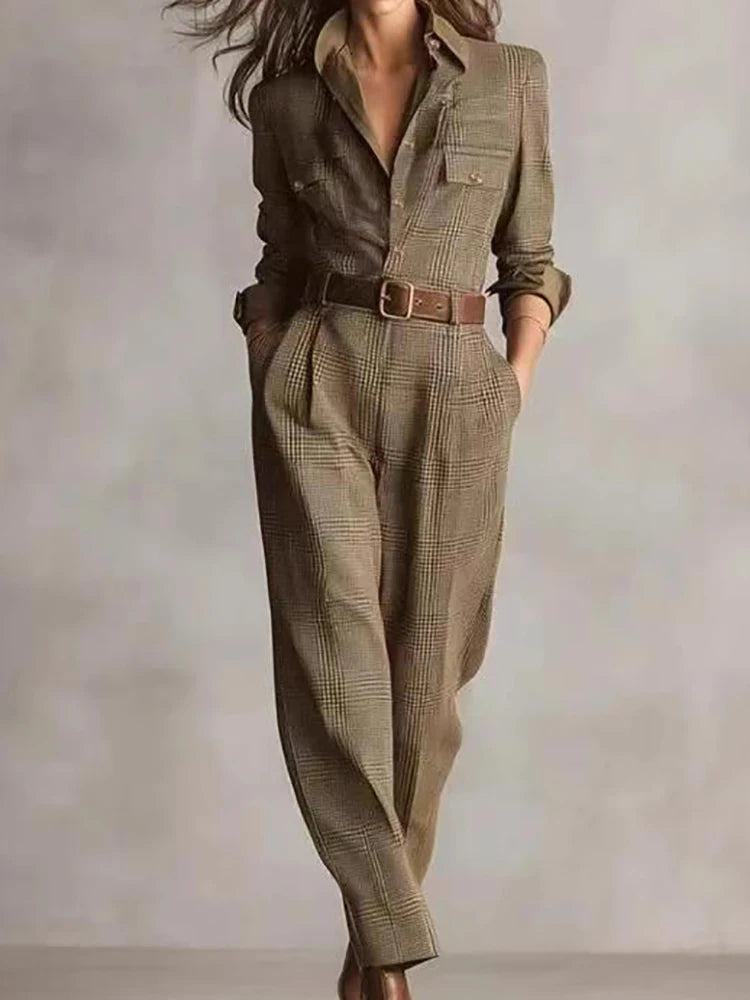 Spring Autumn Long Sleeve Plaid Jumpsuits, Women Holiday Turn-Down Collar Chic Playsuits, 2025 Patchwork Casual Ladies Bodysuits