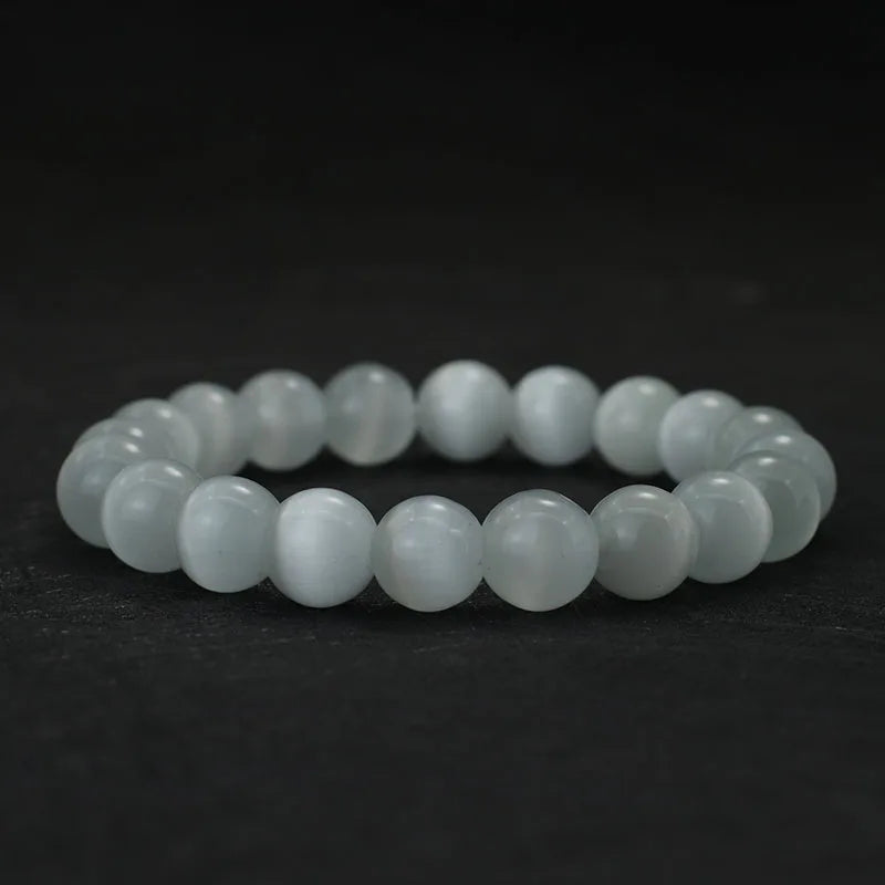 Noter 100% Natural White Cat Eyes Stone Bracelet Women 4/6/8/10/12mm Smooth Beaded Braslet Gifts For Lovers Moonstone Braclet