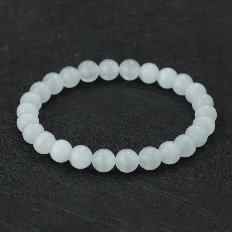 Noter 100% Natural White Cat Eyes Stone Bracelet Women 4/6/8/10/12mm Smooth Beaded Braslet Gifts For Lovers Moonstone Braclet