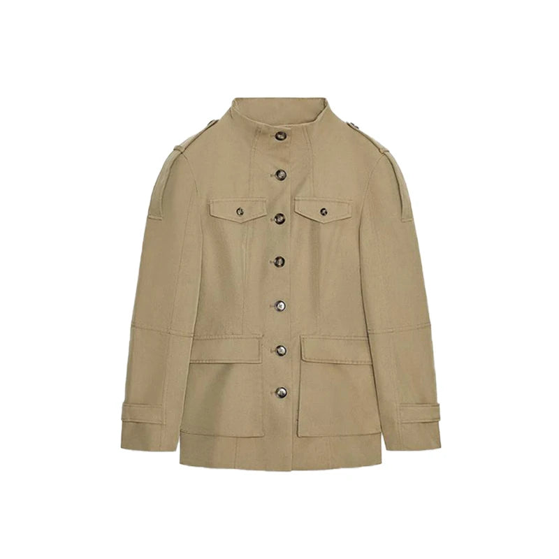 Stand Collar Khaki Cropped Trench Coat Jacket With Pockets Women's Spring Fall Button Front Slim Fit High Street Lady Outerwear