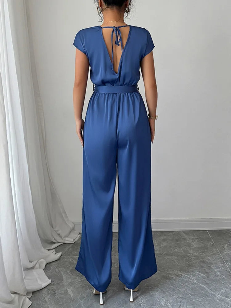 Onecozyday Solid Blue Loose Fit Women's Jumpsuit V-neck Short Sleeves Lace-up High Waist Wide Leg Rompers Summer One-piece Suit