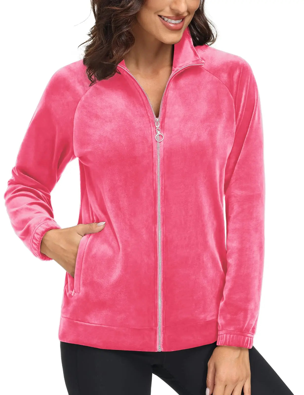 TACVASEN Fleece Velour Full Zip-up Casual Jackets Womens Lightweight Soft Velvet Coat 2 Zipper Pockets Stand Collar Sweatshirts