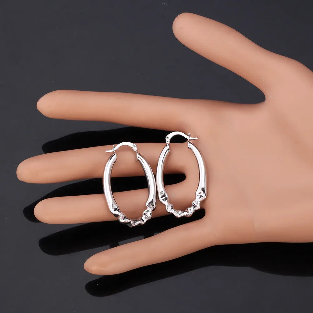 U7 38mm Hollow Oval Hoop Earring Necklace Set for Women Design Folding Pattern Oval Tube Lightweight Jewelry Set Gift for Her