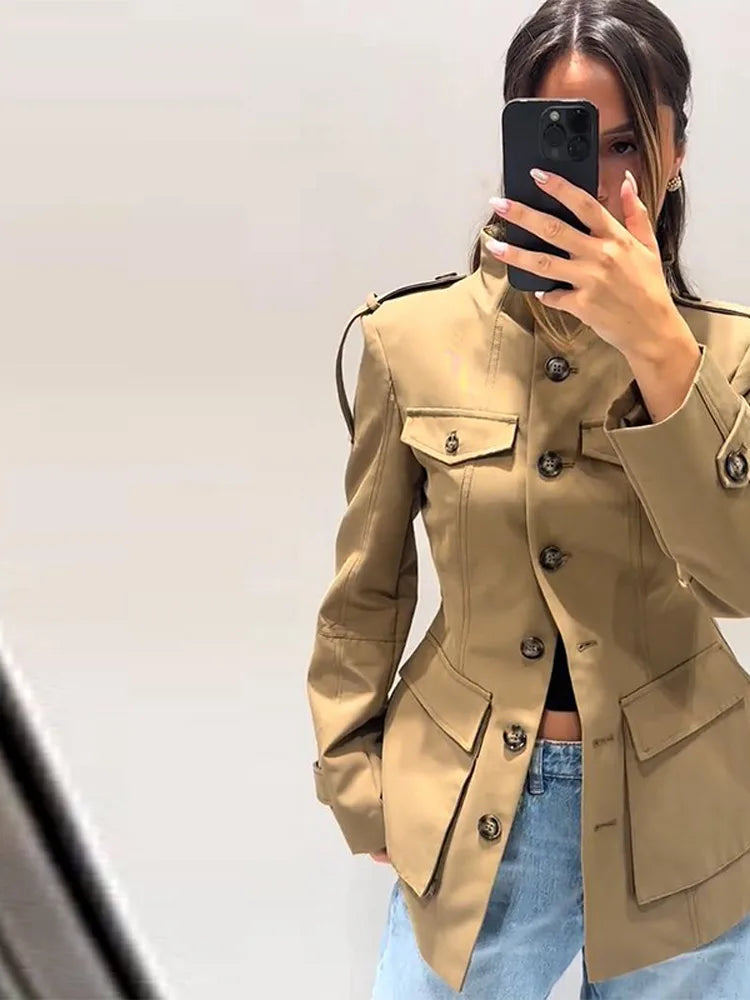 Stand Collar Khaki Cropped Trench Coat Jacket With Pockets Women's Spring Fall Button Front Slim Fit High Street Lady Outerwear