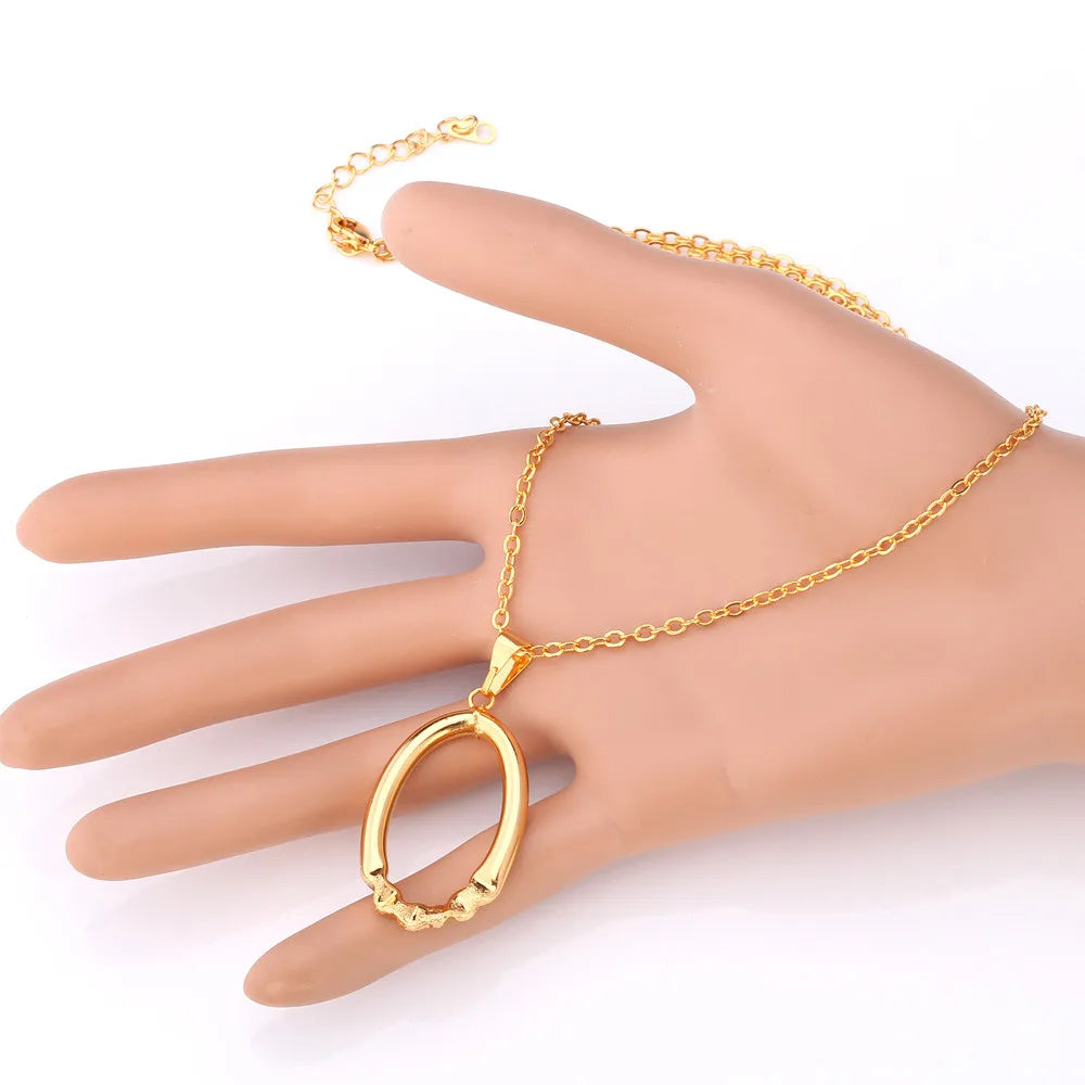 U7 38mm Hollow Oval Hoop Earring Necklace Set for Women Design Folding Pattern Oval Tube Lightweight Jewelry Set Gift for Her