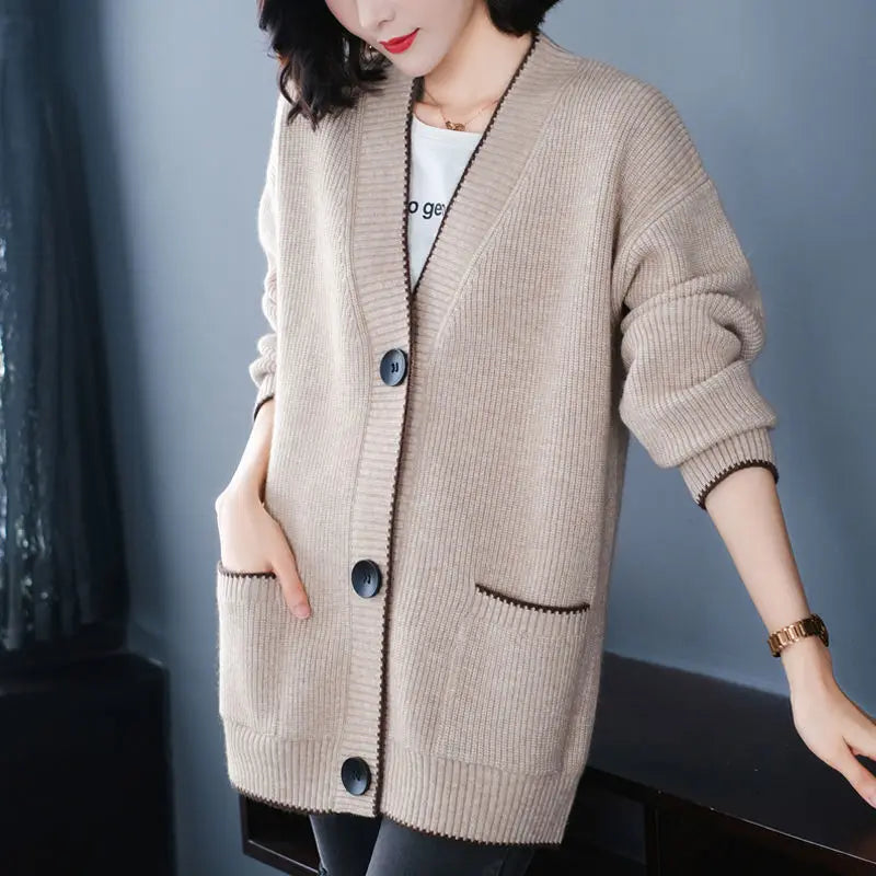 Solid Color Button All-match Sweaters Cardigan Women's Clothing Autumn Winter Korean Loose V-Neck Fashion Pockets Knitted Tops