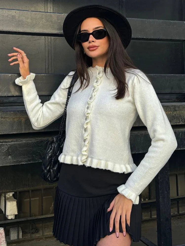 Tossy Ruffled Knit Cardigan Coat For Women Ribbed Long Sleeve Fashion Patchwork Elegant Sweater Outwear Female Knitwear Cardigan