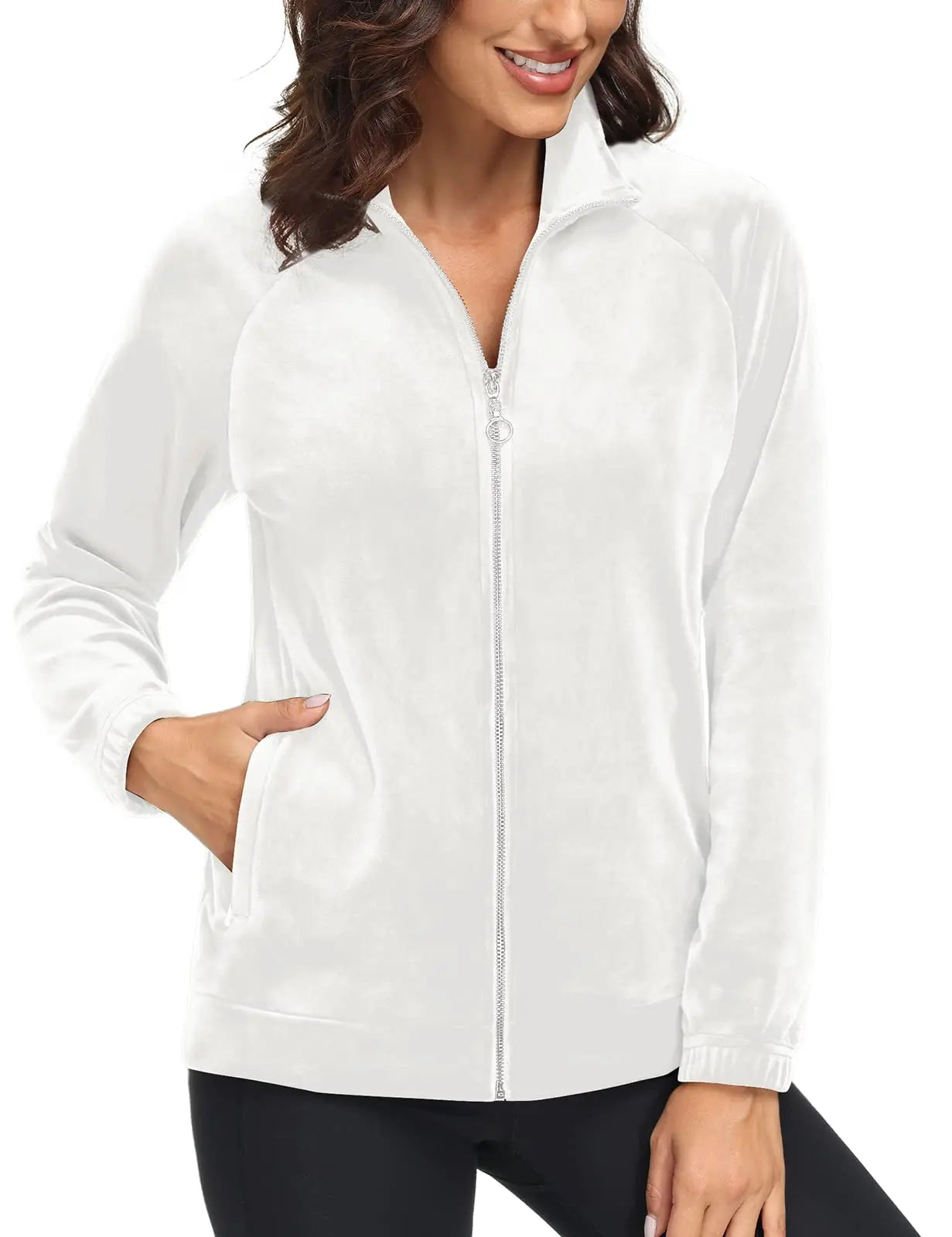 TACVASEN Fleece Velour Full Zip-up Casual Jackets Womens Lightweight Soft Velvet Coat 2 Zipper Pockets Stand Collar Sweatshirts