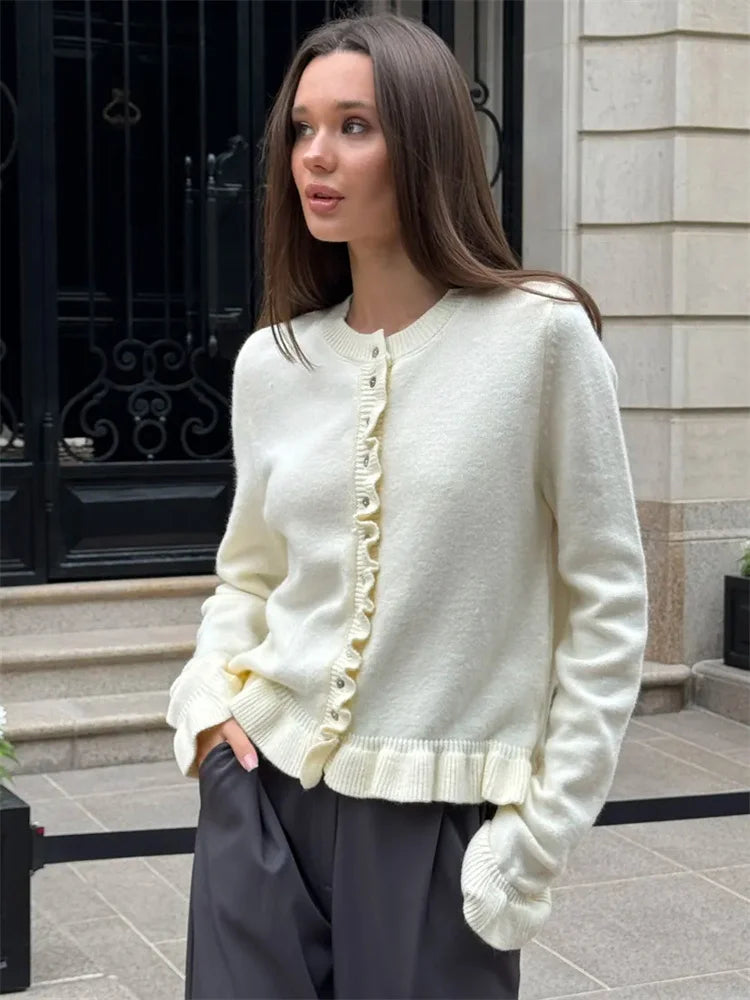 Tossy Ruffled Knit Cardigan Coat For Women Ribbed Long Sleeve Fashion Patchwork Elegant Sweater Outwear Female Knitwear Cardigan