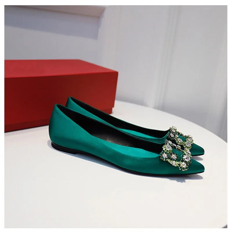 Spring and summer new pointed shallow silk rhinestone flat shoes thin high-heeled banquet dress large size small size women shoe