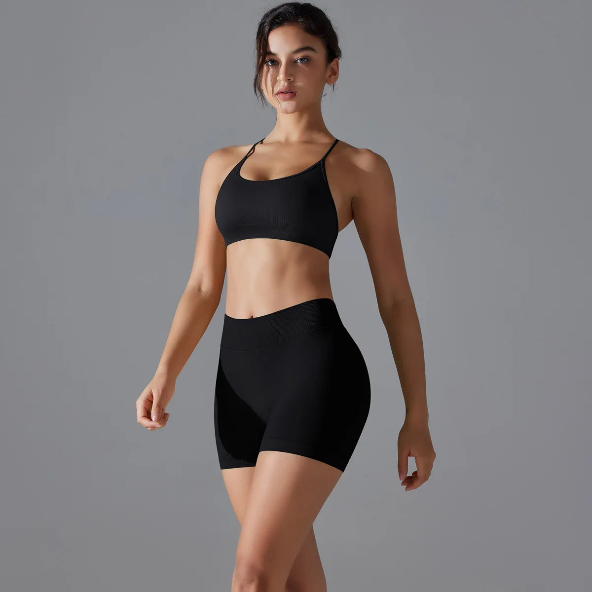 Seamless Yoga Set Sexy Workout Sportswear Gym Clothing 2 Piece Gym Sets Women Back Cross Sports Bra and Fitness Yoga Shorts Suit