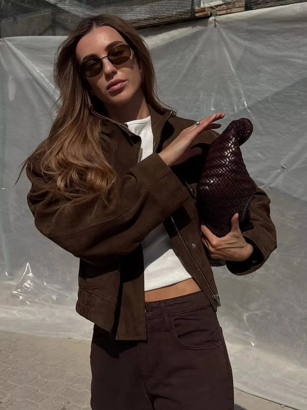 Tidalyf 2025 Women Faux Suede Jacket - Stand Collar, Long Sleeve, Decorative Pockets, Elastic Hem Casual Chic Autumn Winter Coat