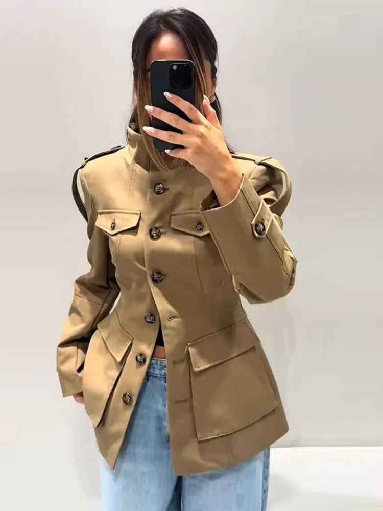 Tidalyf 2025 New Women Casual Jacket High Neck Single Button Shoulder Strap Cuff Strap Pocket Design Chic Fashion Autumn