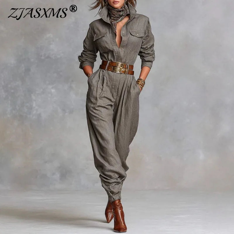 Retro Solid Color Button Lapel Shirt Jumpsuits Woman Fashion High Waist Slim Bodysuits Romper Autumn Long Sleeve Pocket Overalls