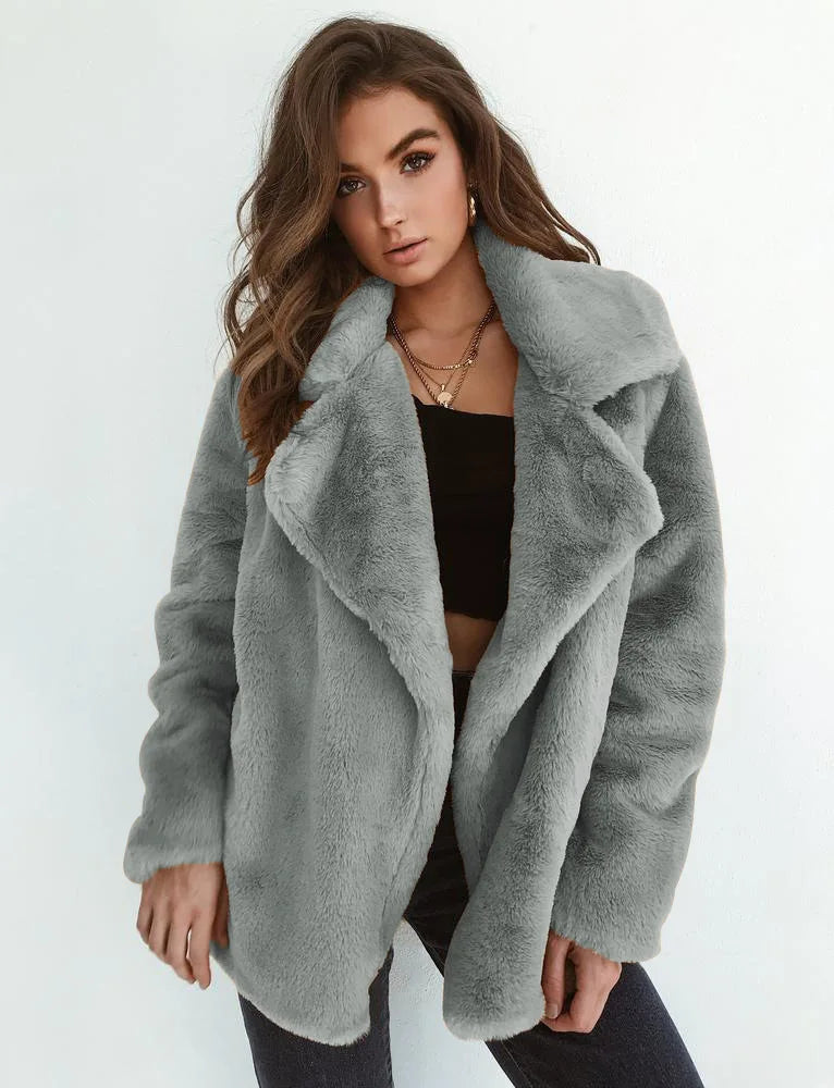 Sexy Plu Lapel Jaet for Women Street Sle Slim Fit Faux Fur Coat Long Sve Pure Color Autumn Faion ort Outerwear