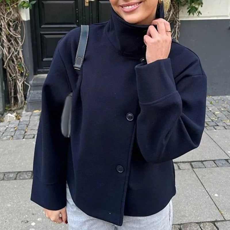 Stand Collar Women Winter Woolen Coats 2025 Spring Single Breasted Loose Female Long Sleeve Jacket Office Lady Street Short Coat
