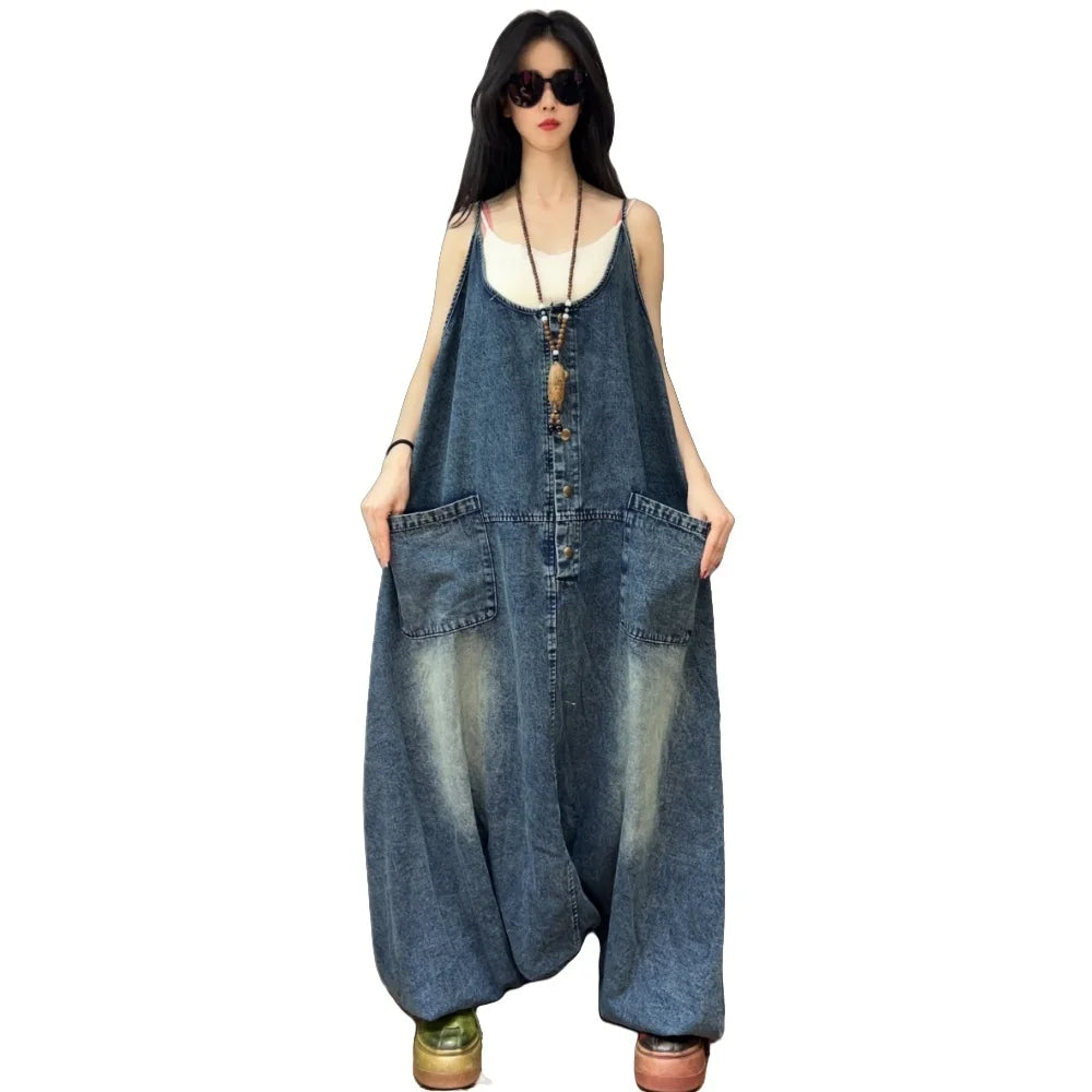 Vintage Denim Overalls Women Loose Plus Size Casual Wide Leg Harem Pants Trendy Spring Autumn Jumpsuit LX4143