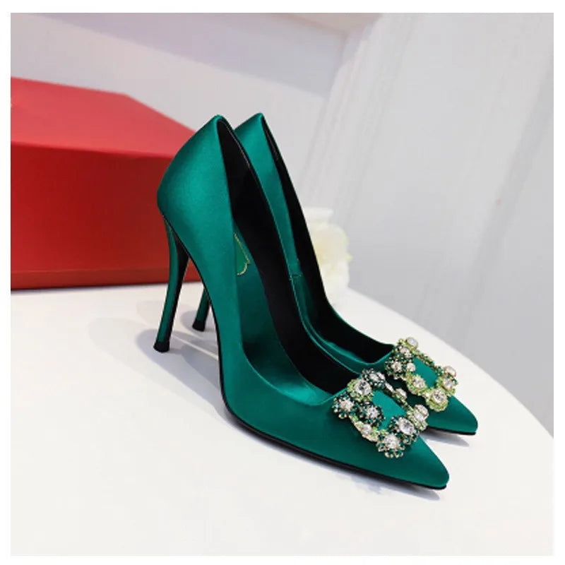 Spring and summer new pointed shallow silk rhinestone flat shoes thin high-heeled banquet dress large size small size women shoe
