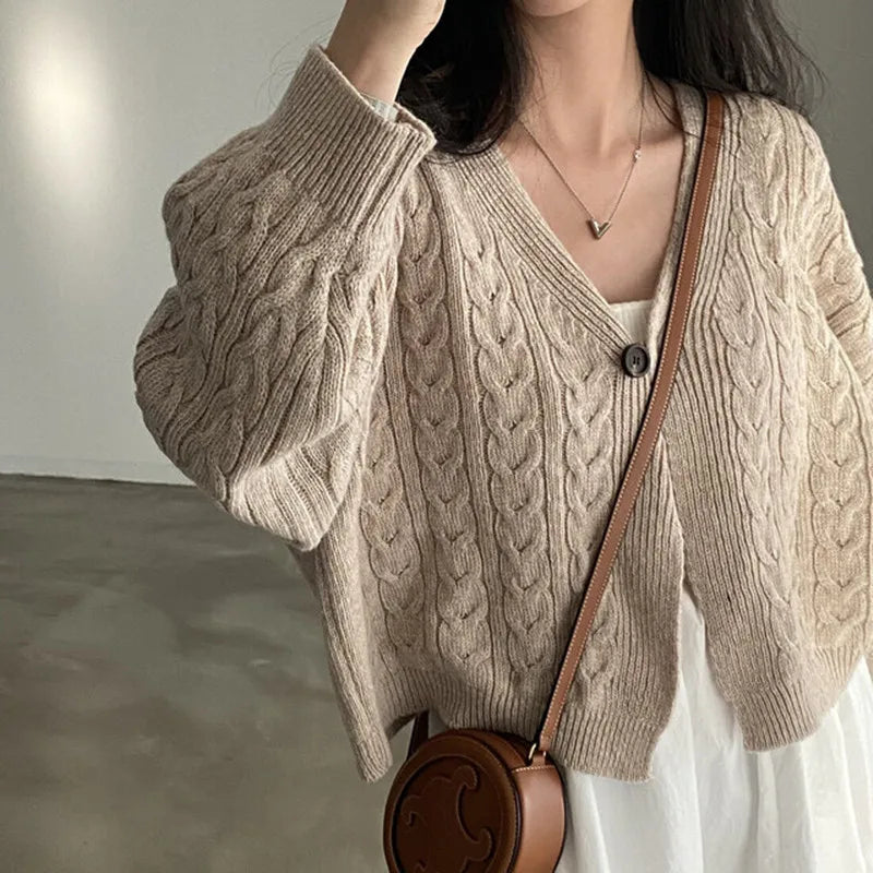 V-neck Twist Design Short Cardigan Sweater Knitted Jacket Fall Autumn and Winter Loose Retro Long Sleeve Casual Women's Clothing