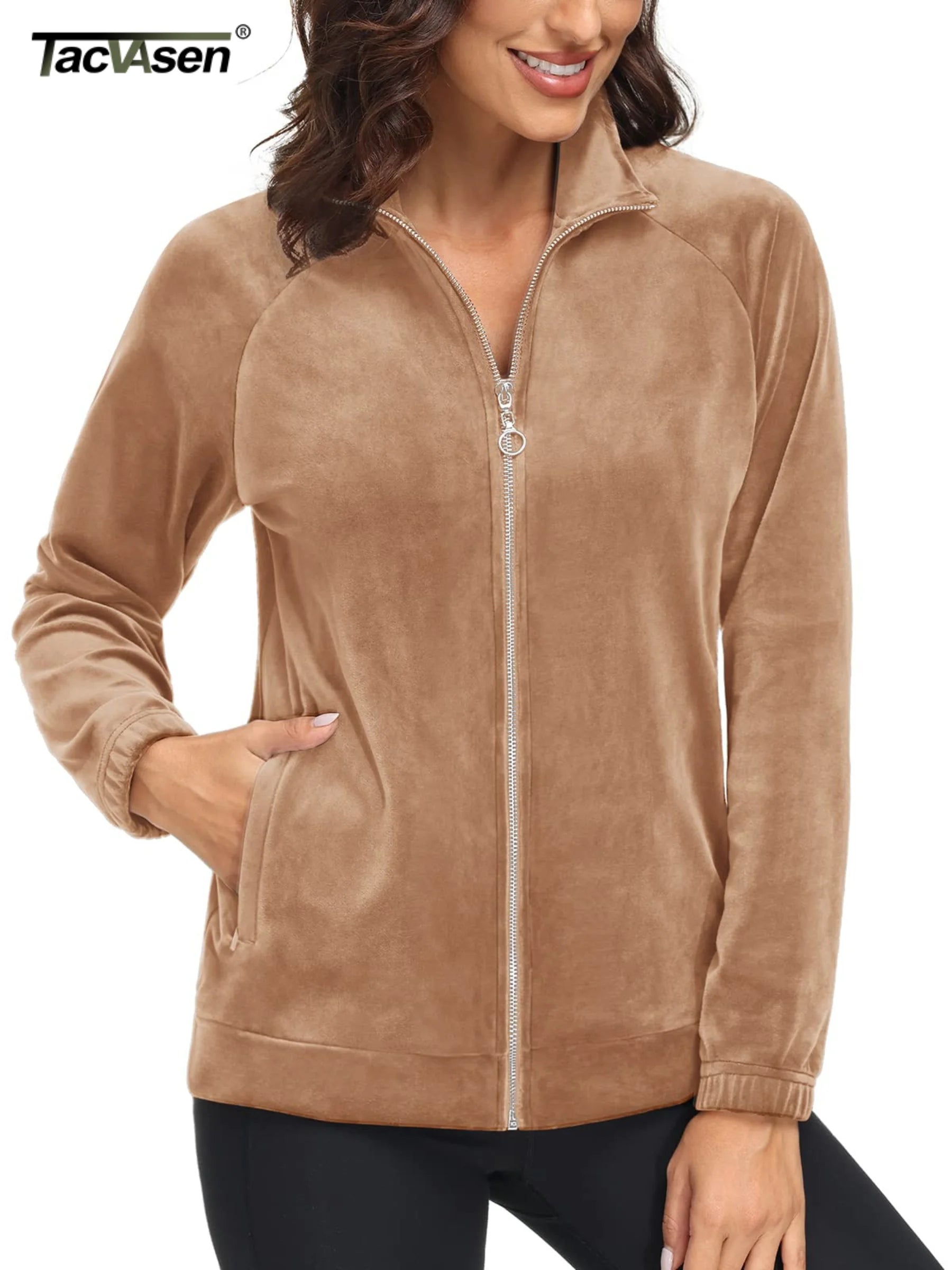 TACVASEN Fleece Velour Full Zip-up Casual Jackets Womens Lightweight Soft Velvet Coat 2 Zipper Pockets Stand Collar Sweatshirts