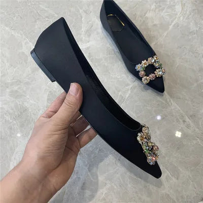 Spring and summer new pointed shallow silk rhinestone flat shoes thin high-heeled banquet dress large size small size women shoe