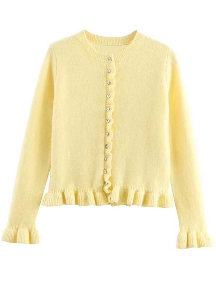 Tossy Ruffled Knit Cardigan Coat For Women Ribbed Long Sleeve Fashion Patchwork Elegant Sweater Outwear Female Knitwear Cardigan