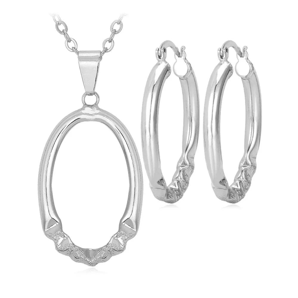 U7 38mm Hollow Oval Hoop Earring Necklace Set for Women Design Folding Pattern Oval Tube Lightweight Jewelry Set Gift for Her