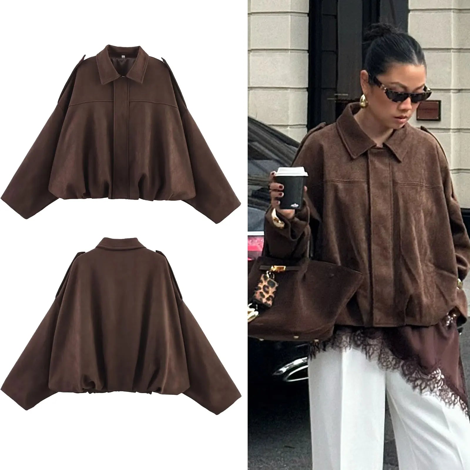 HH Women's Street Fashion Solid Loose Suede Texture Coats Causal Long Bat Sleeves Lapel Zipper Fly Winter Vintage Jackets