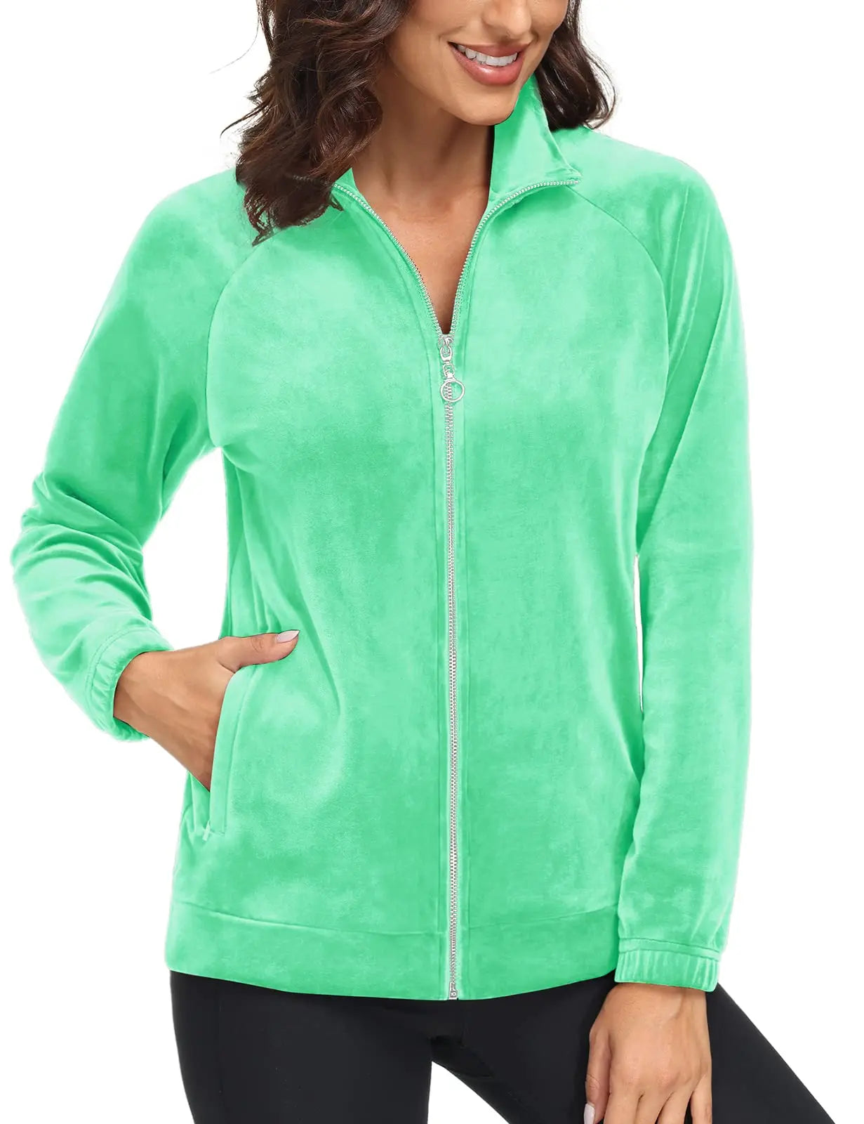 TACVASEN Fleece Velour Full Zip-up Casual Jackets Womens Lightweight Soft Velvet Coat 2 Zipper Pockets Stand Collar Sweatshirts