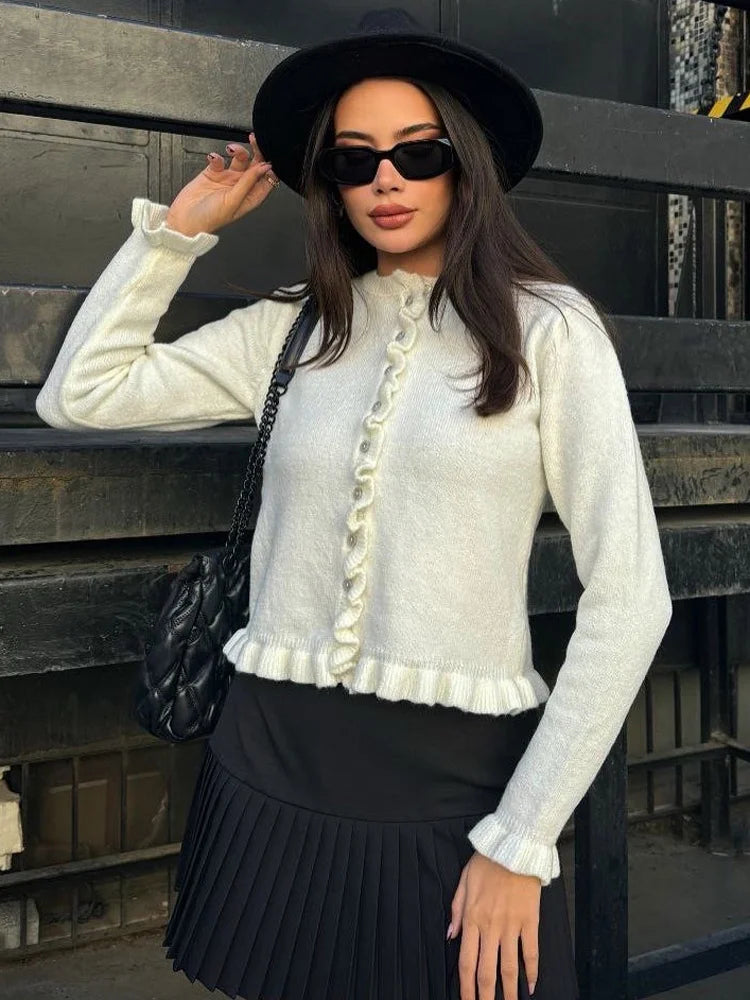 Tossy Ruffled Knit Cardigan Coat For Women Ribbed Long Sleeve Fashion Patchwork Elegant Sweater Outwear Female Knitwear Cardigan