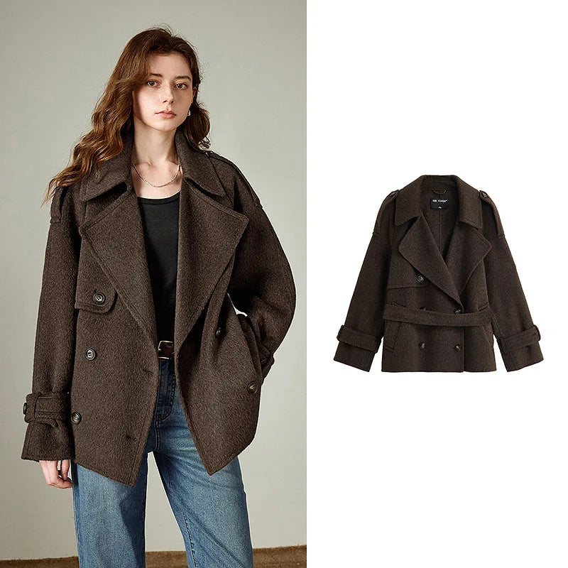 TOYOUTH Women Double Side Woolen Coat 2025 Winter New Casual Double Breasted Retro Office Lady Outerwear Jacket