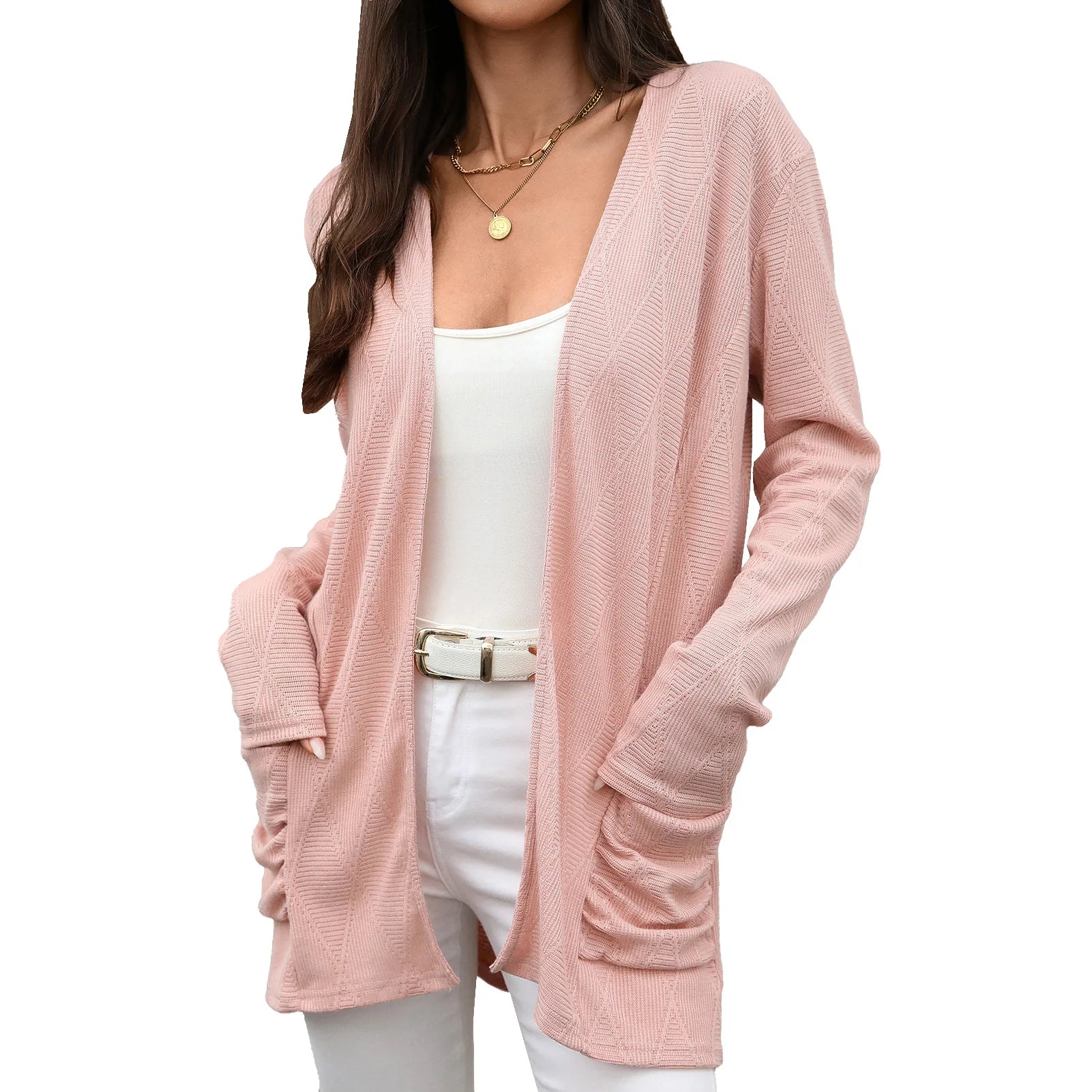 Trade Autumn Winter Knitted Open Cardigan Long Sleeve Mid-Length Ladies Coat With Pockets Pure Color
