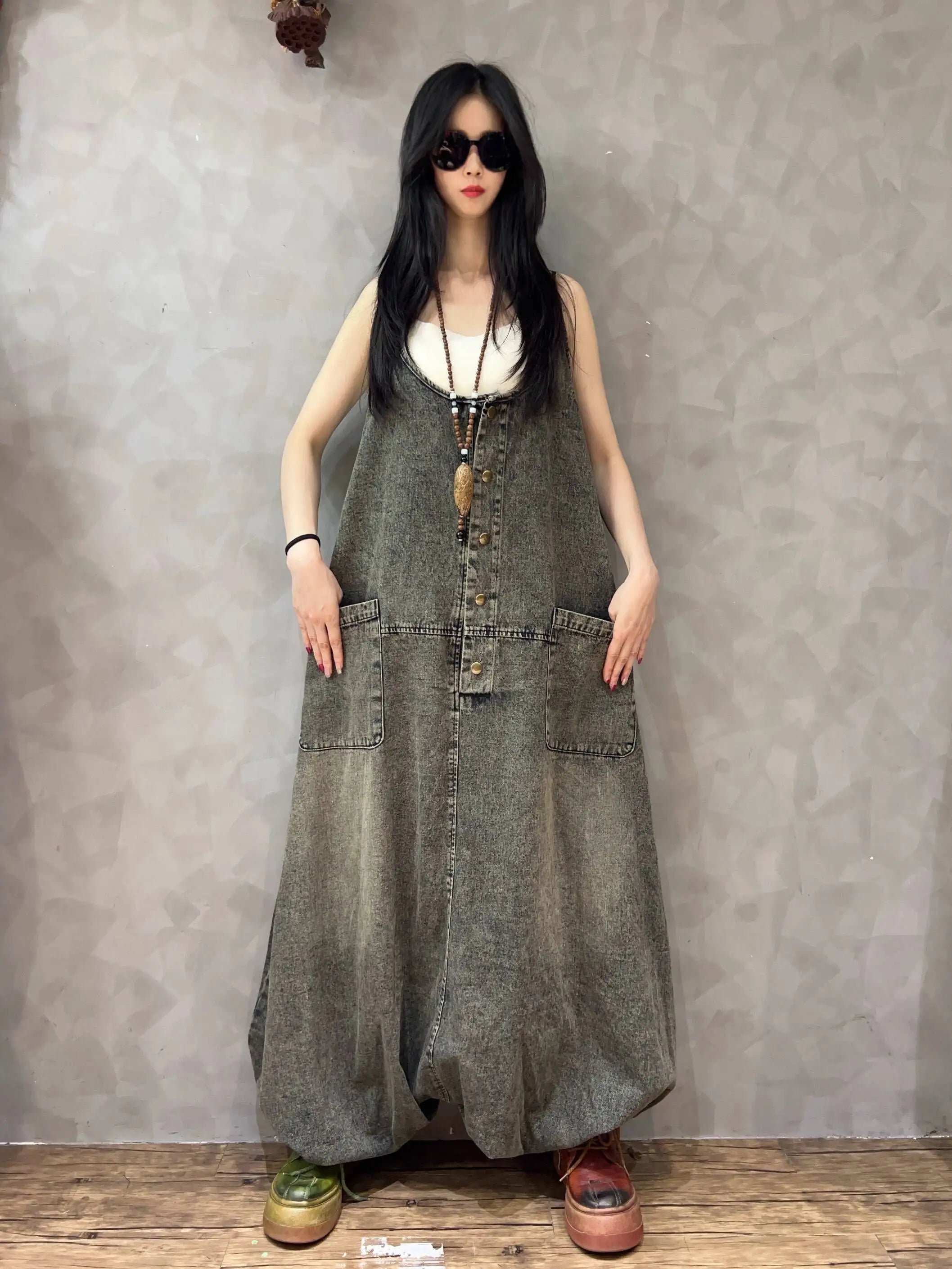 Vintage Denim Overalls Women Loose Plus Size Casual Wide Leg Harem Pants Trendy Spring Autumn Jumpsuit LX4143