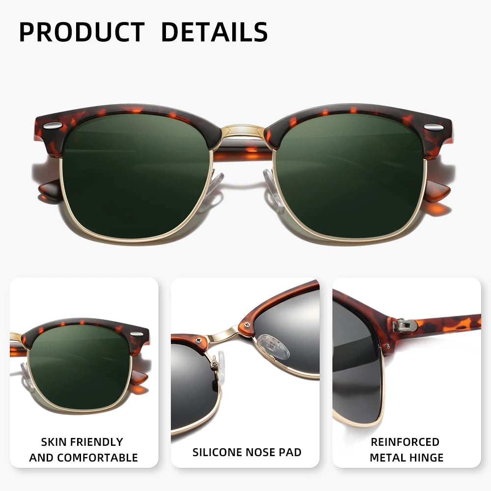 RBsunny Classic Polarized Sunglasses Men Women Retro Half Frame UV400 Glasses Male Popular Anti-glare Travel Driving Eyewear