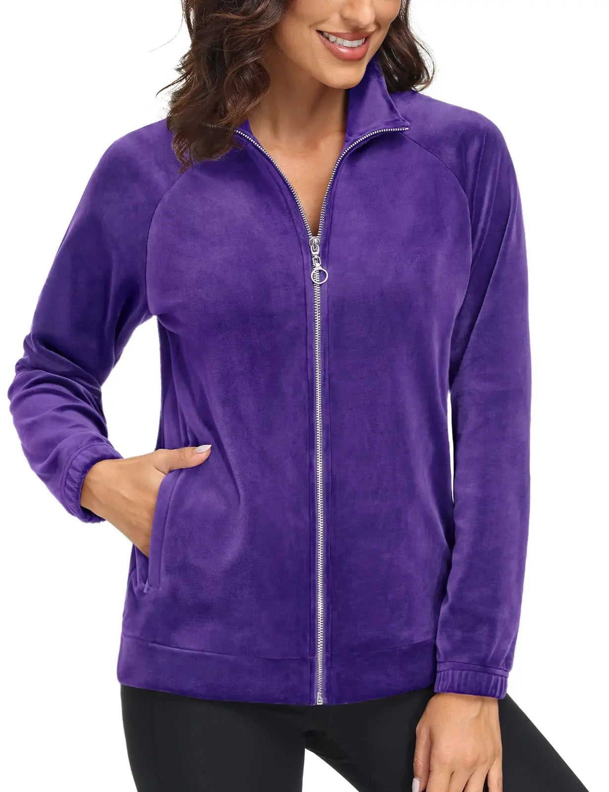 TACVASEN Fleece Velour Full Zip-up Casual Jackets Womens Lightweight Soft Velvet Coat 2 Zipper Pockets Stand Collar Sweatshirts