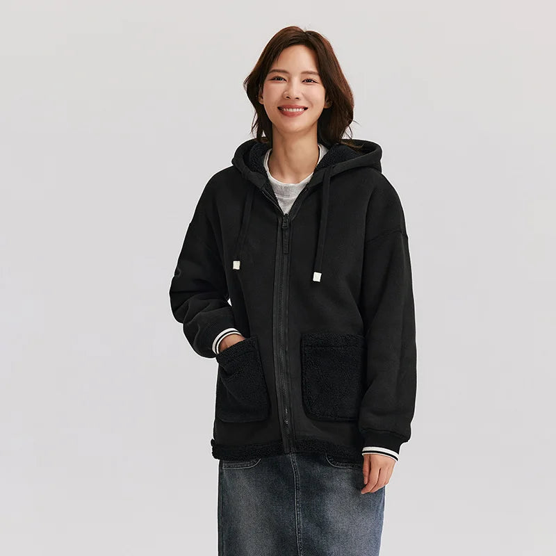 Semir Coat Women Imitation Lamb Wool Polar Fleece Double-Sided Wear Loose 2024 New Winter Contrast Color Simple Hooded Jacket