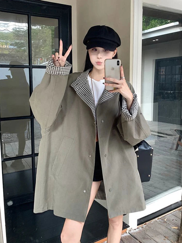 Zoki Korean Chic Elegant Jacket Women Loose Design Double Sided Wear Plaid Coat Fall Fashion Long Sleeve Sweet Pockets Outwear