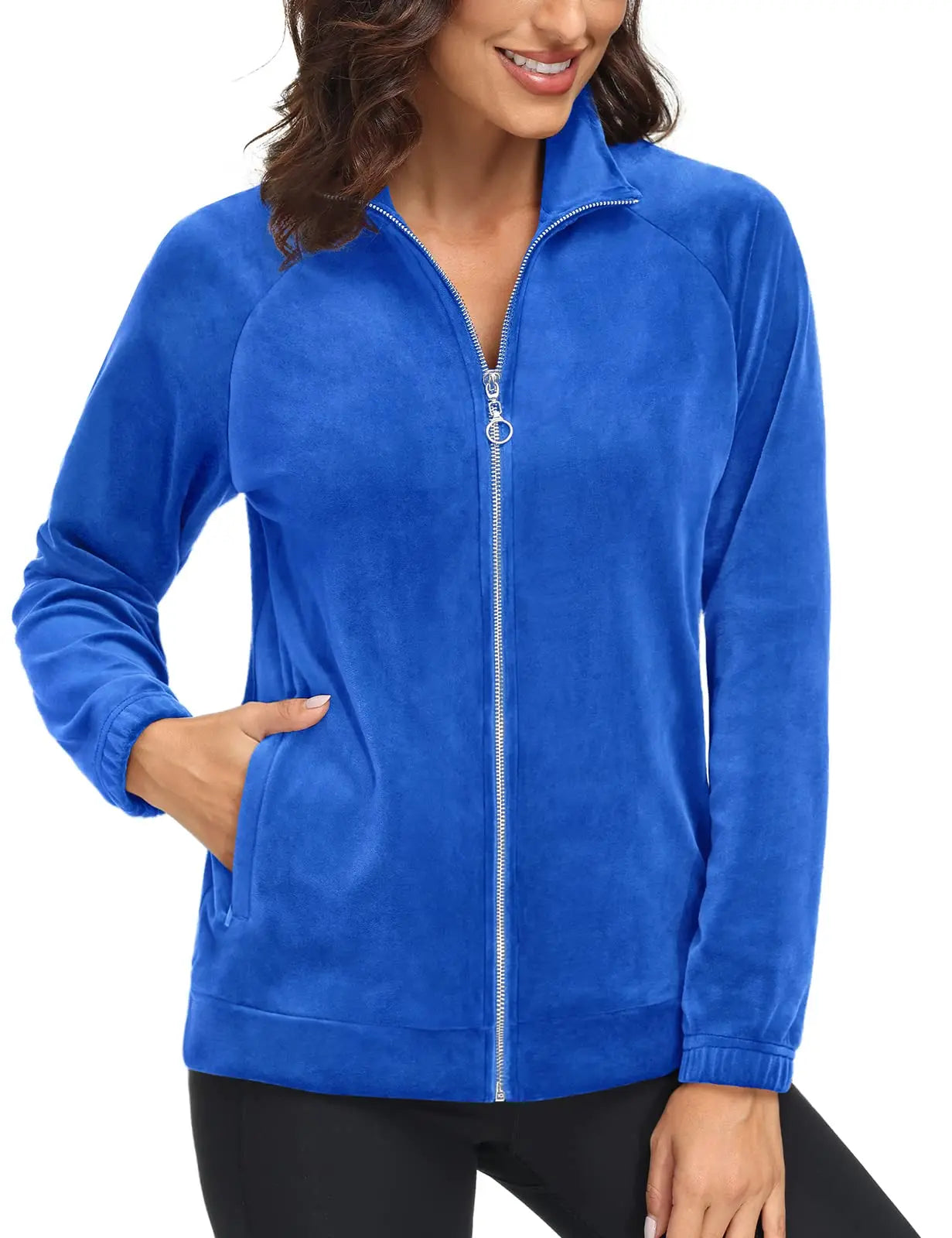 TACVASEN Fleece Velour Full Zip-up Casual Jackets Womens Lightweight Soft Velvet Coat 2 Zipper Pockets Stand Collar Sweatshirts