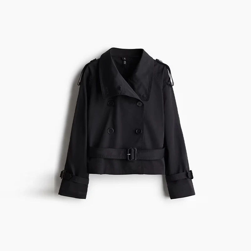 Spring Short Windbreaker Women Fashion Stand Collar Long Sleeve Double Breasted Jackets 2025 New Office Lady Belt Trench Coats