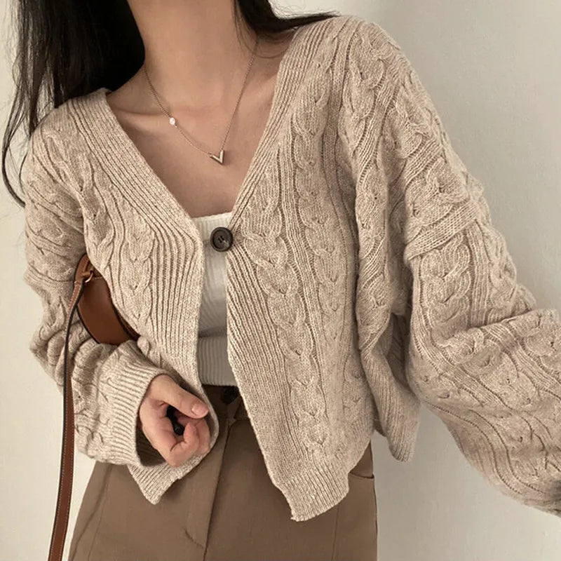 V-neck Twist Design Short Cardigan Sweater Knitted Jacket Fall Autumn and Winter Loose Retro Long Sleeve Casual Women's Clothing