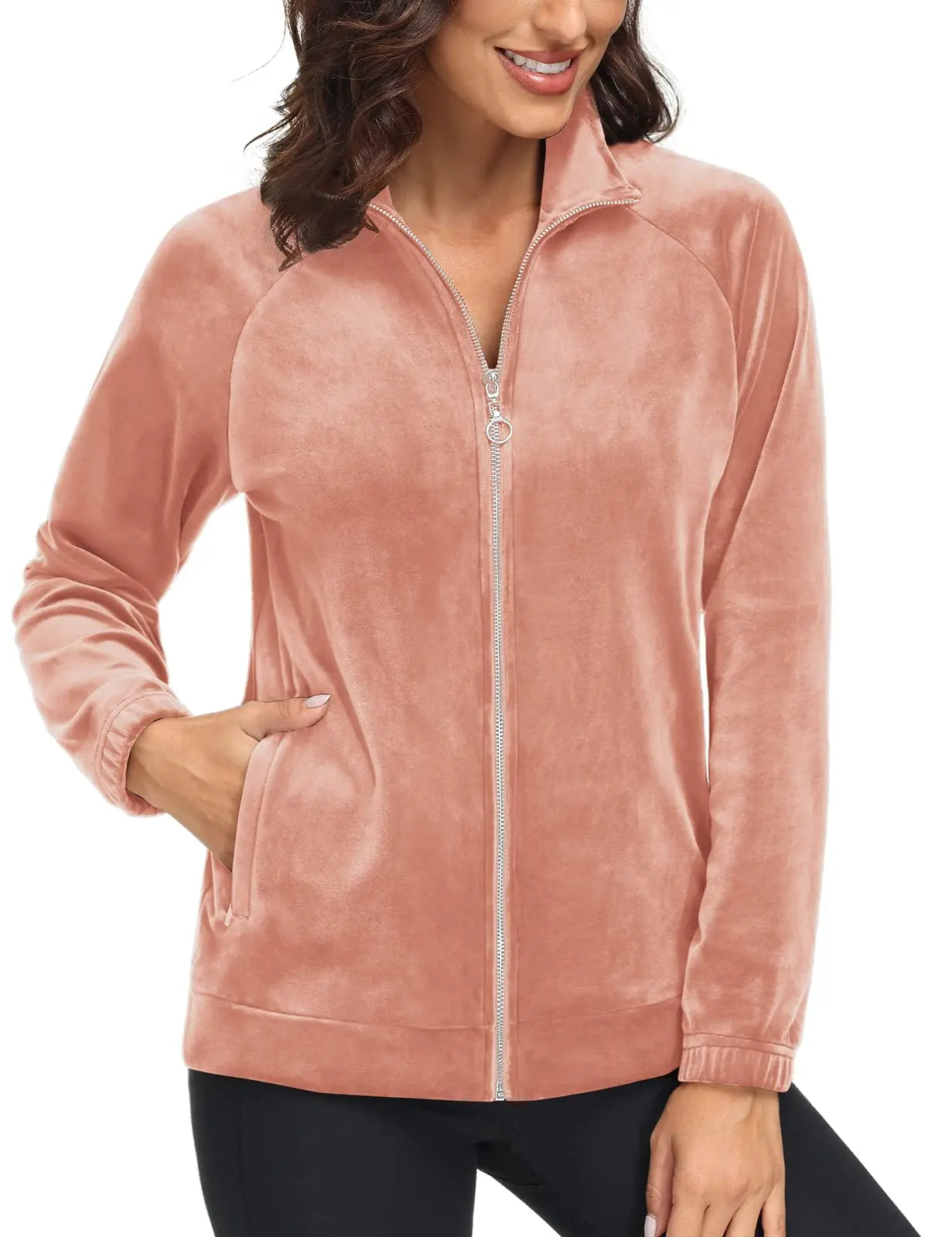 TACVASEN Fleece Velour Full Zip-up Casual Jackets Womens Lightweight Soft Velvet Coat 2 Zipper Pockets Stand Collar Sweatshirts