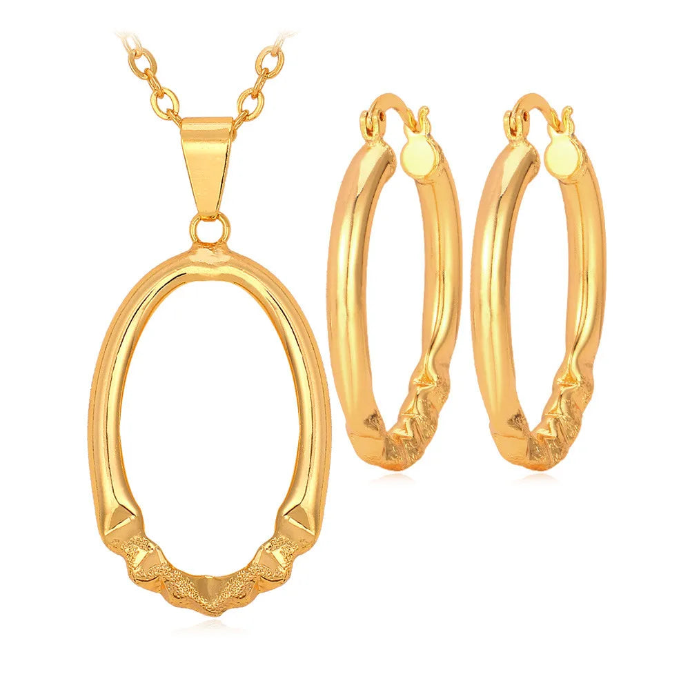 U7 38mm Hollow Oval Hoop Earring Necklace Set for Women Design Folding Pattern Oval Tube Lightweight Jewelry Set Gift for Her