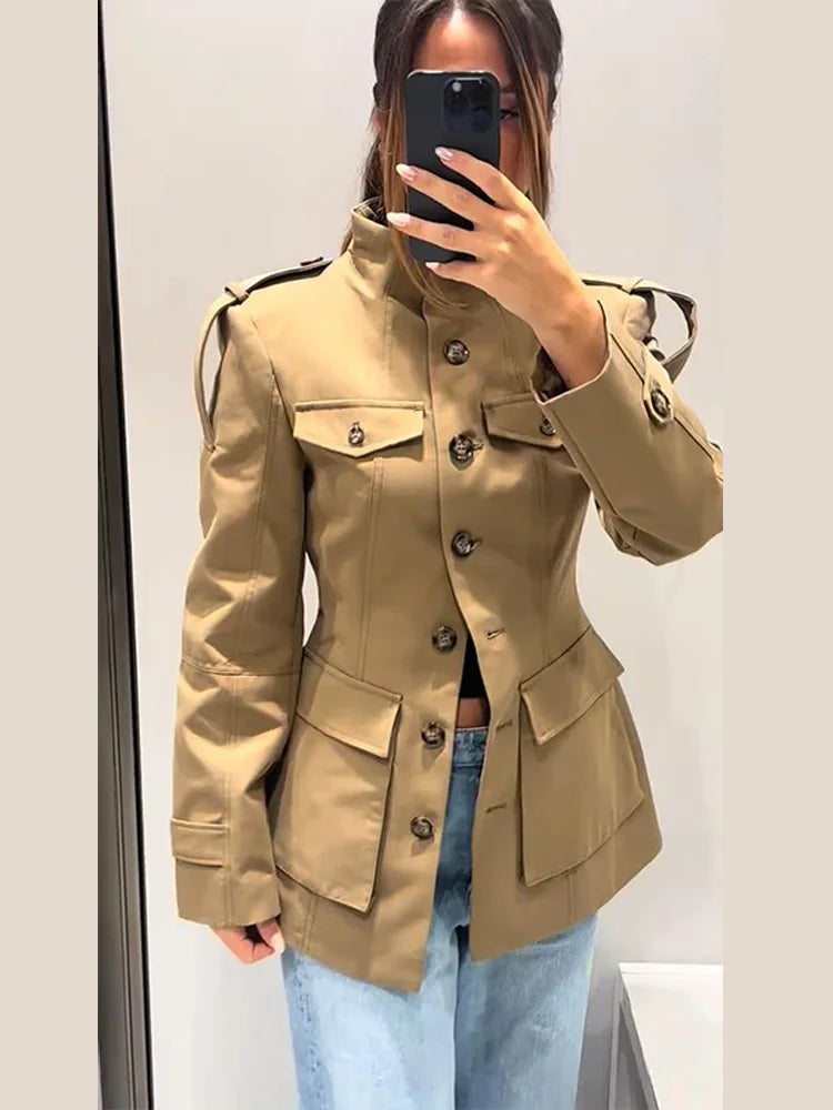 Stand Collar Khaki Cropped Trench Coat Jacket With Pockets Women's Spring Fall Button Front Slim Fit High Street Lady Outerwear