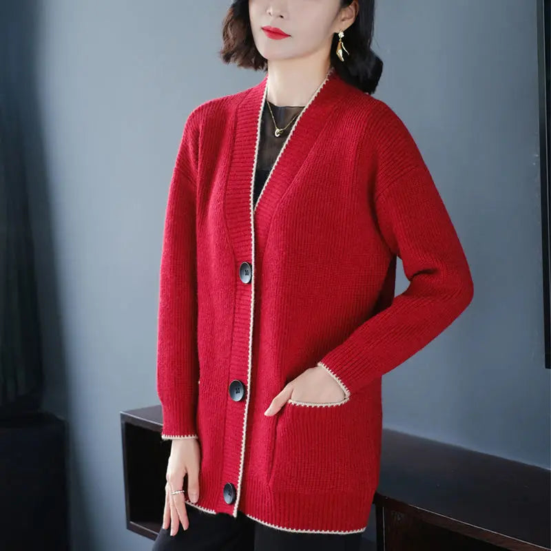 Solid Color Button All-match Sweaters Cardigan Women's Clothing Autumn Winter Korean Loose V-Neck Fashion Pockets Knitted Tops