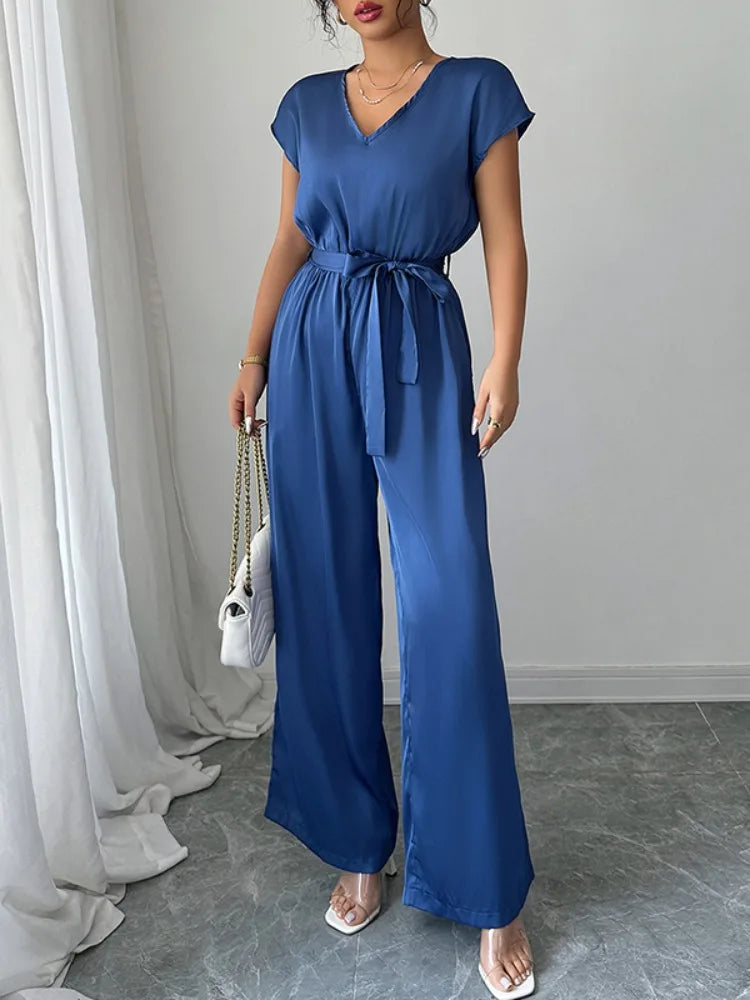 Onecozyday Solid Blue Loose Fit Women's Jumpsuit V-neck Short Sleeves Lace-up High Waist Wide Leg Rompers Summer One-piece Suit